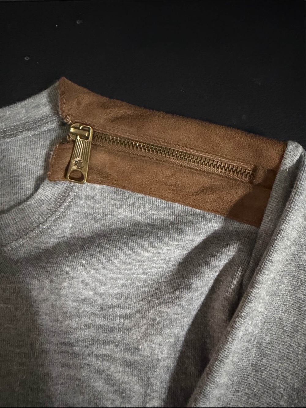 Ralph Lauren Light Gray Crewneck Sweater with Brown Elbow Patches - Picture 3 of 5